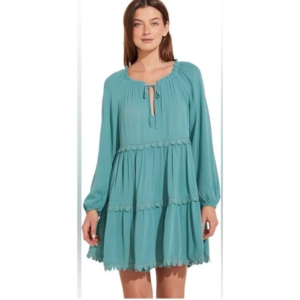 Eberjey Bohemian Sofia Summer Of Love Long Sleeve Teal Mini Dress Medium